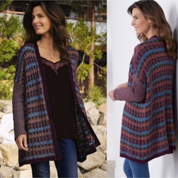 Soft Surroundings Eirene Purple Plaid Sweater Cardigan Open Textured Oversixed - Picture 1 of 11
